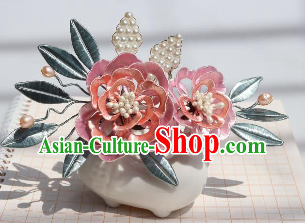 Chinese Traditional Ming Dynasty Pink Silk Peony Hairpin Ancient Princess Pearls Hair Comb
