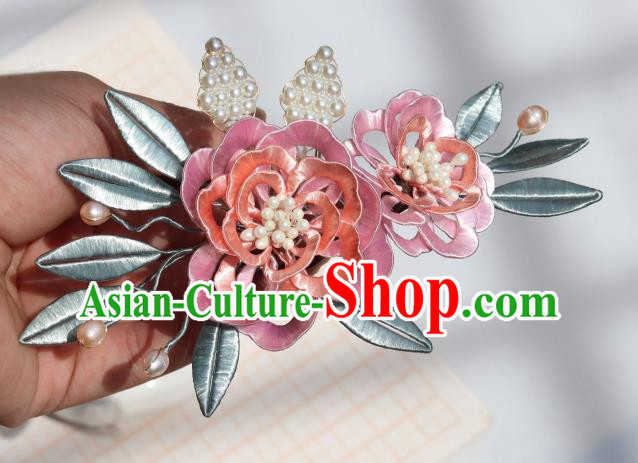 Chinese Traditional Ming Dynasty Pink Silk Peony Hairpin Ancient Princess Pearls Hair Comb