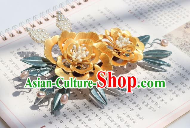 Chinese Ancient Palace Lady Pearls Hair Comb Traditional Ming Dynasty Yellow Silk Peony Hairpin