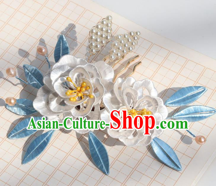 Chinese Ancient Imperial Concubine Hairpin Traditional Ming Dynasty White Silk Peony Hair Comb