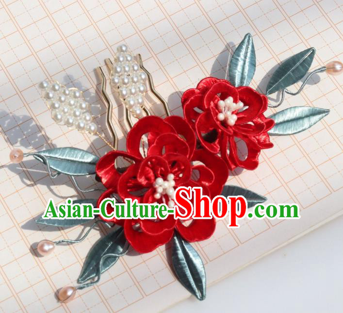 Chinese Handmade Pearls Hair Comb Ancient Ming Dynasty Court Princess Red Peony Hairpin