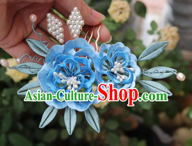 Chinese Handmade Flowers Hair Comb Ancient Ming Dynasty Court Princess Blue Silk Peony Hairpin