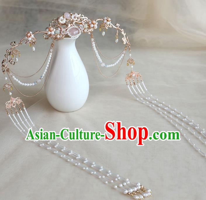 Chinese Ancient Noble Lady Golden Hairpin Traditional Ming Dynasty Princess Pearls Tassel Hair Crown