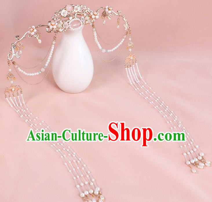 Chinese Ancient Noble Lady Golden Hairpin Traditional Ming Dynasty Princess Pearls Tassel Hair Crown