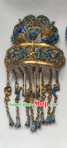 Chinese Ancient Imperial Concubine Hairpin Headwear Traditional Qing Dynasty Blueing Tassel Hair Comb