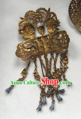 Chinese Ancient Imperial Concubine Hairpin Headwear Traditional Qing Dynasty Blueing Tassel Hair Comb