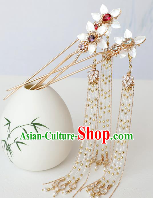 Chinese Ancient Princess Shell Flower Hairpin Traditional Ming Dynasty Golden Beads Tassel Hair Stick