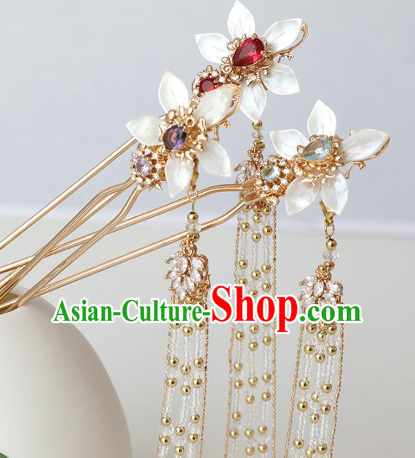 Chinese Ancient Princess Shell Flower Hairpin Traditional Ming Dynasty Golden Beads Tassel Hair Stick