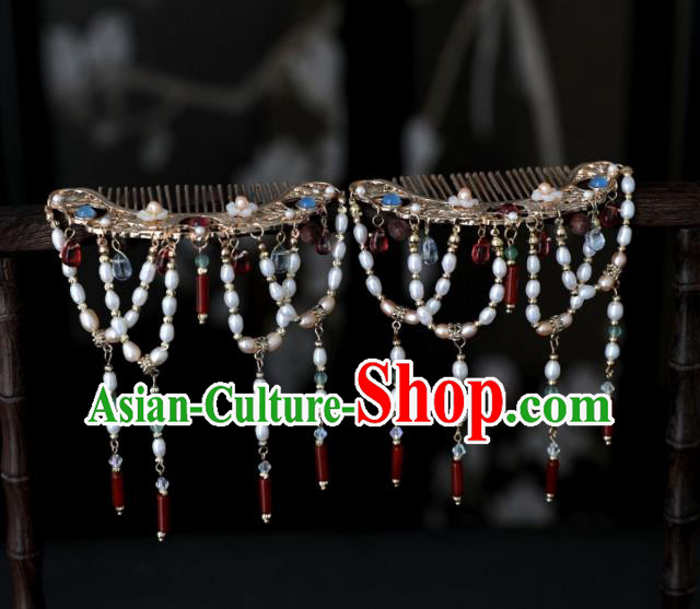 Chinese Ancient Court Princess Golden Hairpin Traditional Song Dynasty Pearls Tassel Hair Comb