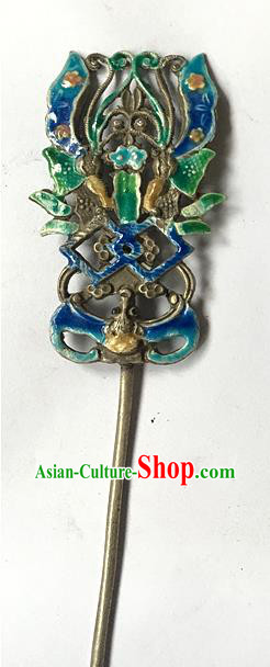 Chinese Ancient Empress Silver Hairpin Traditional Qing Dynasty Queen Cloisonne Bat Hair Stick