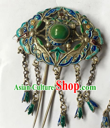Chinese Ancient Empress Silver Butterfly Hairpin Traditional Qing Dynasty Court Cloisonne Tassel Hair Stick