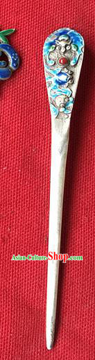 Chinese Ancient Court Lady Silver Hairpin Traditional Qing Dynasty Palace Princess Cloisonne Bat Hair Stick