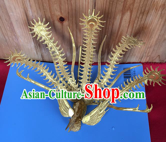 Chinese Ancient Court Woman Hairpin Traditional Ming Dynasty Empress Golden Phoenix Hair Crown Headwear