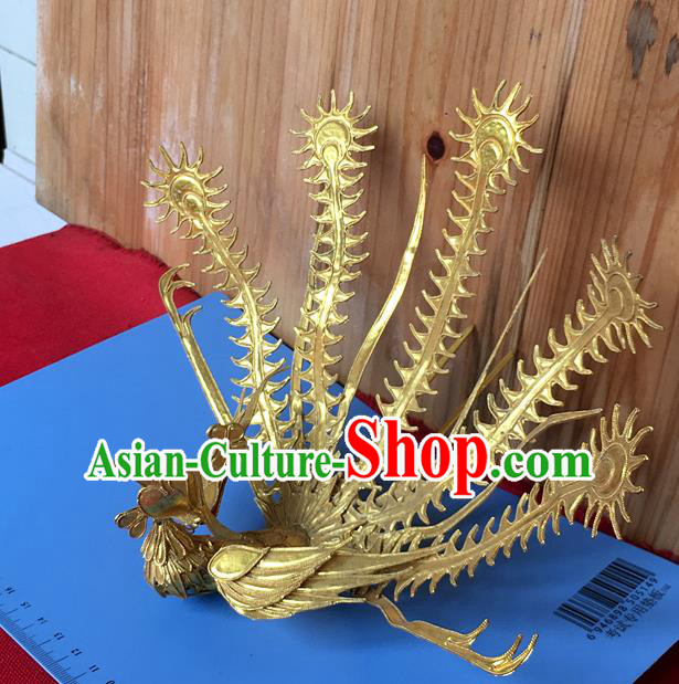 Chinese Ancient Court Woman Hairpin Traditional Ming Dynasty Empress Golden Phoenix Hair Crown Headwear