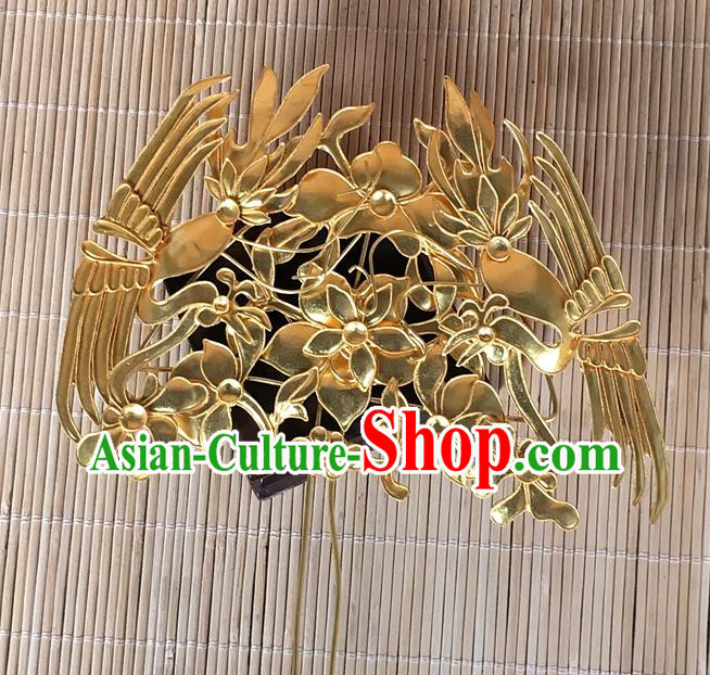 Chinese Ancient Court Beauty Hairpin Traditional Ming Dynasty Empress Golden Phoenix Hair Stick Headdress