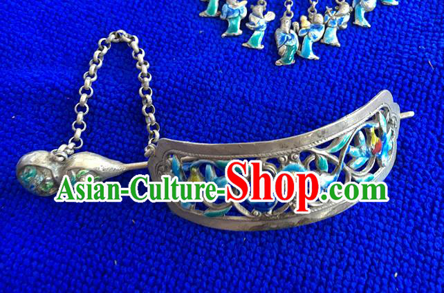 Chinese Ancient Imperial Consort Cloisonne Tassel Hairpin Traditional Qing Dynasty Silver Carving Bat Hair Crown