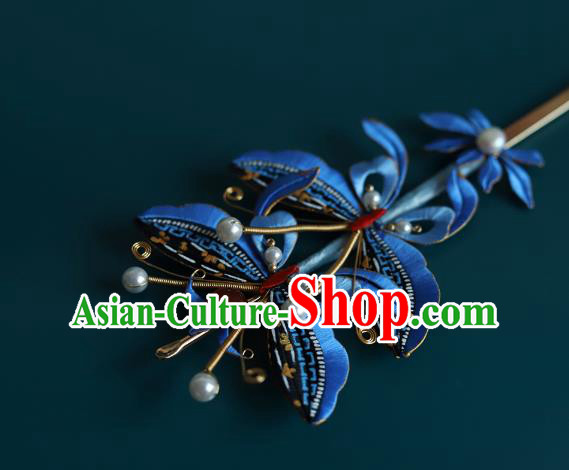 Chinese Traditional Qing Dynasty Court Hairpin Hair Accessories Ancient Imperial Concubine Blue Silk Butterfly Hair Stick