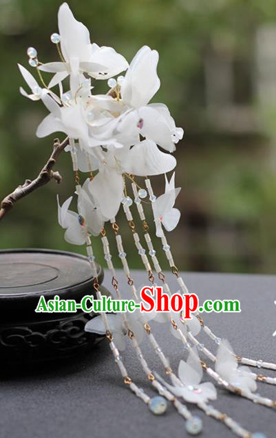 Chinese Ancient Fairy Princess White Butterfly Hairpin Traditional Hanfu Beads Tassel Hair Stick