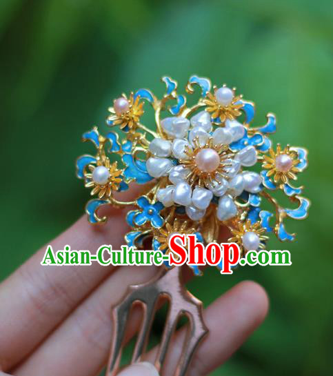 Chinese Ancient Empress Blueing Hairpin Traditional Ming Dynasty Hanfu Pearls Hair Comb