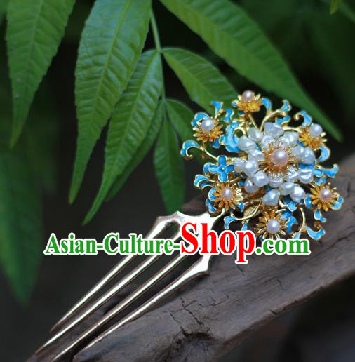 Chinese Ancient Empress Blueing Hairpin Traditional Ming Dynasty Hanfu Pearls Hair Comb