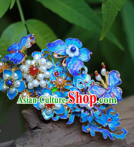 Chinese Ancient Empress Pearls Hairpin Traditional Ming Dynasty Hanfu Blueing Butterfly Hair Crown
