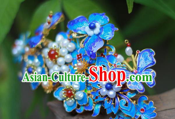 Chinese Ancient Empress Pearls Hairpin Traditional Ming Dynasty Hanfu Blueing Butterfly Hair Crown
