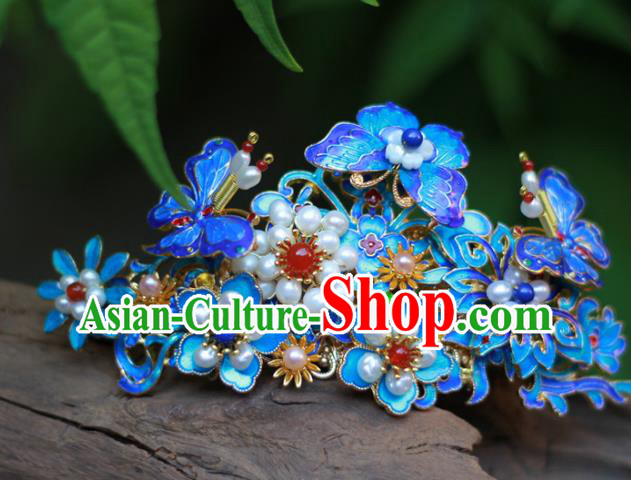 Chinese Ancient Empress Pearls Hairpin Traditional Ming Dynasty Hanfu Blueing Butterfly Hair Crown
