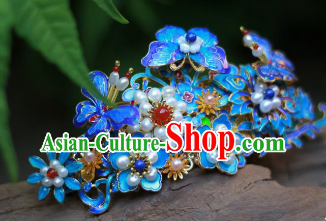 Chinese Ancient Empress Pearls Hairpin Traditional Ming Dynasty Hanfu Blueing Butterfly Hair Crown