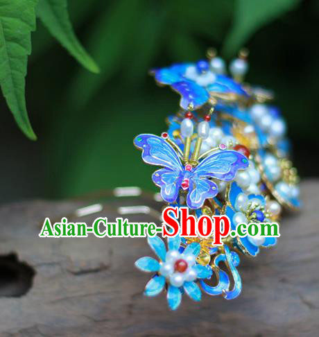 Chinese Ancient Empress Pearls Hairpin Traditional Ming Dynasty Hanfu Blueing Butterfly Hair Crown