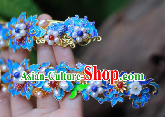 Chinese Ancient Empress Pearls Hair Crown Traditional Ming Dynasty Hanfu Blueing Lotus Hairpin