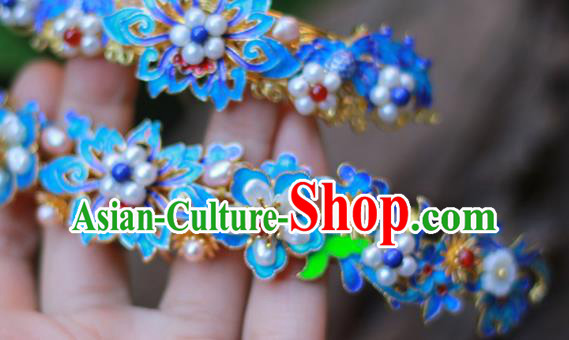 Chinese Ancient Empress Pearls Hair Crown Traditional Ming Dynasty Hanfu Blueing Lotus Hairpin