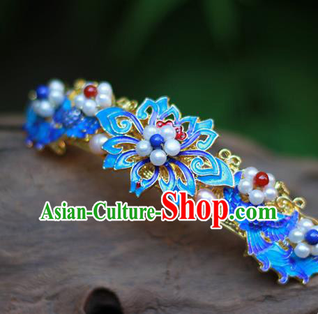 Chinese Ancient Empress Pearls Hair Crown Traditional Ming Dynasty Hanfu Blueing Lotus Hairpin