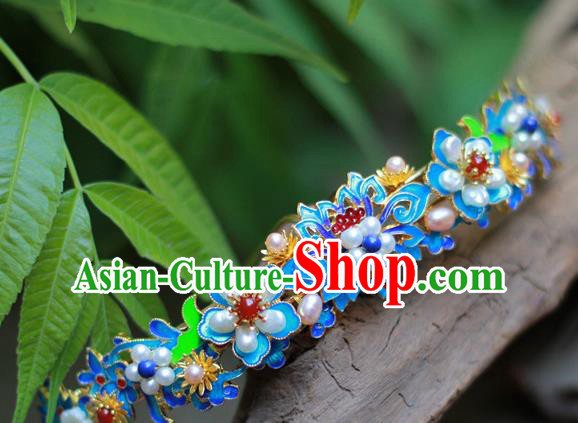 Chinese Ancient Empress Pearls Hair Crown Traditional Ming Dynasty Hanfu Blueing Lotus Hairpin