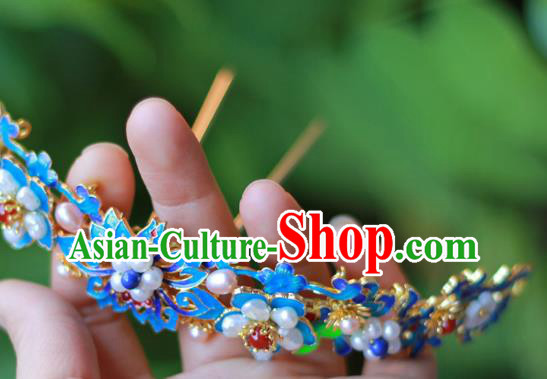 Chinese Ancient Empress Pearls Hair Crown Traditional Ming Dynasty Hanfu Blueing Lotus Hairpin