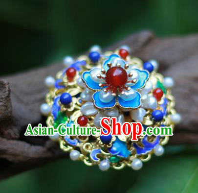 Chinese Traditional Ming Dynasty Hanfu Blueing Plum Hair Crown Ancient Empress Pearls Hairpin