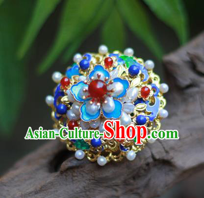 Chinese Traditional Ming Dynasty Hanfu Blueing Plum Hair Crown Ancient Empress Pearls Hairpin