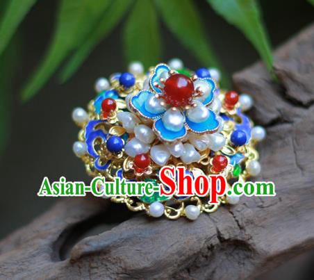 Chinese Traditional Ming Dynasty Hanfu Blueing Plum Hair Crown Ancient Empress Pearls Hairpin