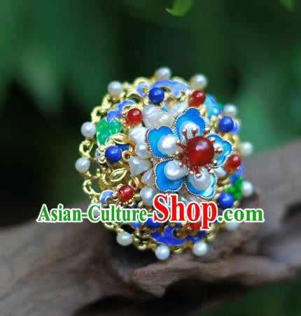 Chinese Traditional Ming Dynasty Hanfu Blueing Plum Hair Crown Ancient Empress Pearls Hairpin