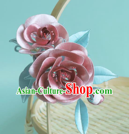 Chinese Traditional Hanfu Pink Silk Rose Hairpin Hair Accessories Ancient Princess Hair Stick