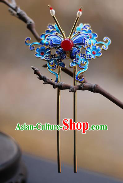 Chinese Ancient Imperial Concubine Blueing Butterfly Hairpin Traditional Ming Dynasty Pearls Tassel Hair Stick