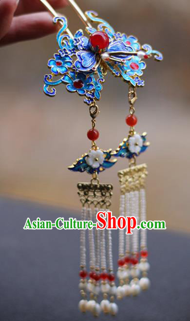 Chinese Ancient Imperial Concubine Blueing Butterfly Hairpin Traditional Ming Dynasty Pearls Tassel Hair Stick