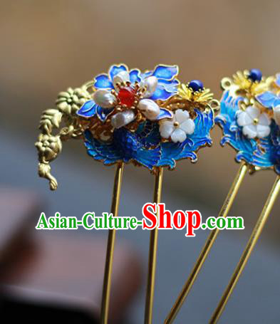 Chinese Ancient Imperial Concubine Blueing Butterfly Hairpin Traditional Ming Dynasty Pearls Tassel Hair Stick