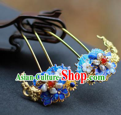 Chinese Ancient Empress Blueing Hairpins Traditional Ming Dynasty Pearls Hair Sticks