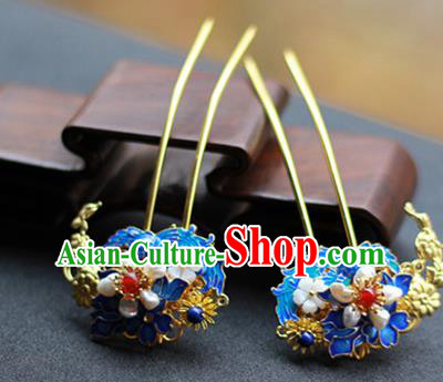 Chinese Ancient Empress Blueing Hairpins Traditional Ming Dynasty Pearls Hair Sticks