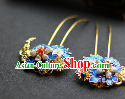 Chinese Ancient Empress Blueing Hairpins Traditional Ming Dynasty Pearls Hair Sticks