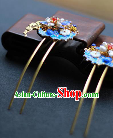 Chinese Ancient Empress Blueing Hairpins Traditional Ming Dynasty Pearls Hair Sticks