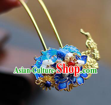 Chinese Ancient Empress Blueing Hairpins Traditional Ming Dynasty Pearls Hair Sticks