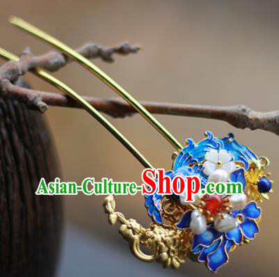 Chinese Ancient Empress Blueing Hairpins Traditional Ming Dynasty Pearls Hair Sticks