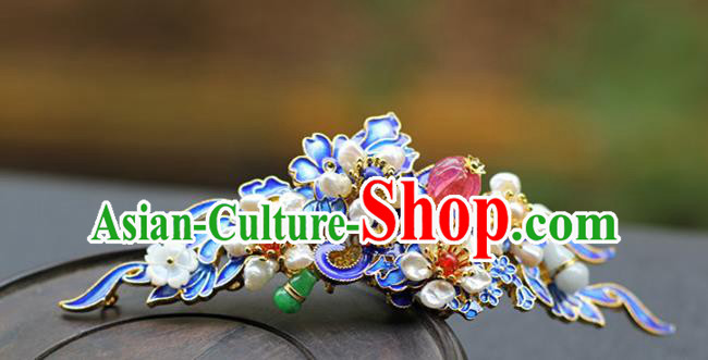 Chinese Ancient Court Woman Pearls Hairpin Traditional Ming Dynasty Blueing Hair Crown