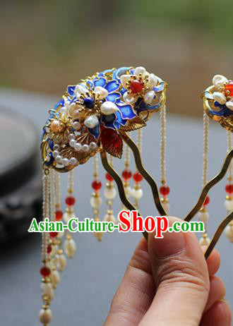 Chinese Ancient Imperial Concubine Blueing Hairpin Traditional Ming Dynasty Pearls Tassel Hair Stick